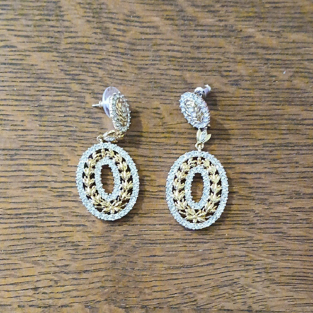 Gold and Silver Filigree Drop Earrings with Clear Stones
